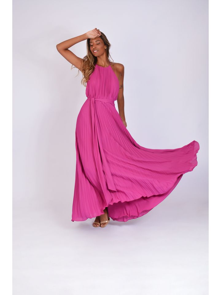 vestido longo plissado estampado